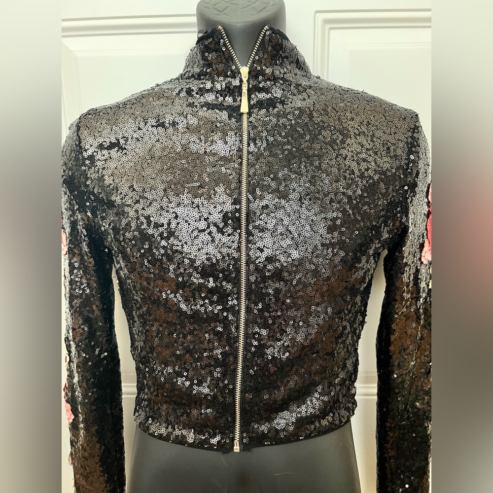 Black Sequin Jacket with Rose Embroidered Sleeves
